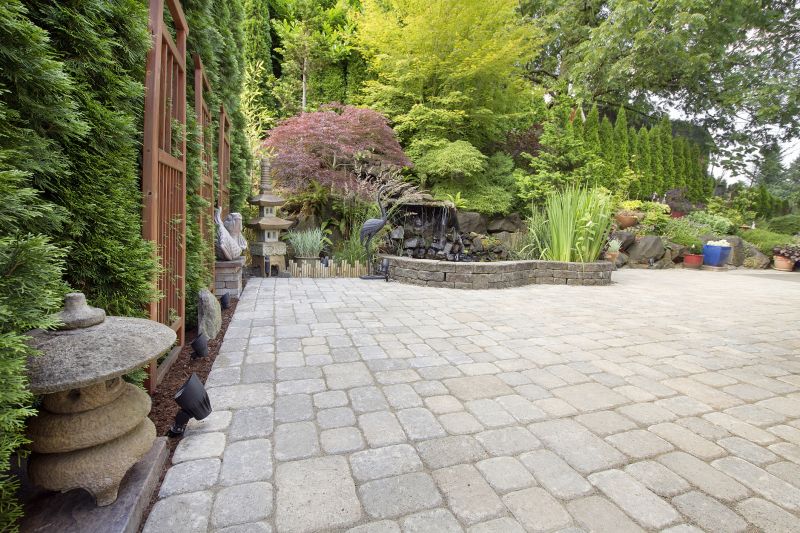 Paver patio surrounded by landscaping